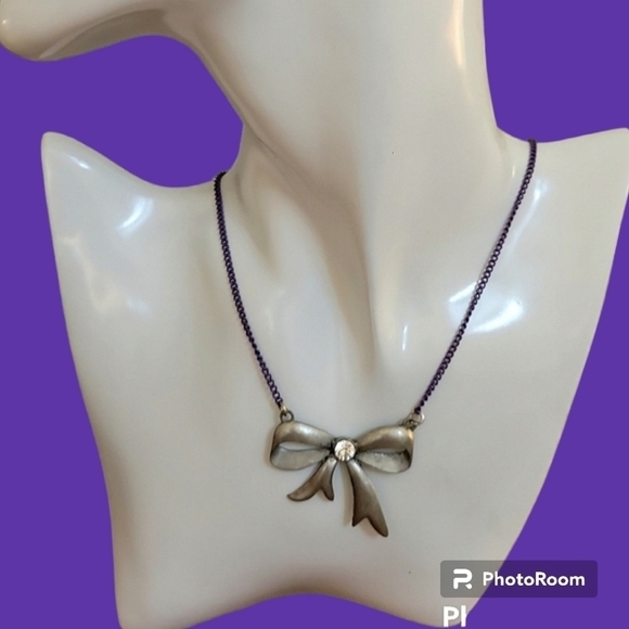 PEWTER Bow Pendant Purple Chain Coquette Necklace - Picture 1 of 7